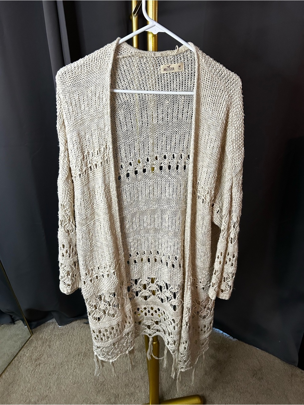 Hollister Light Cream Open Knit Longline Cardigan Sweater